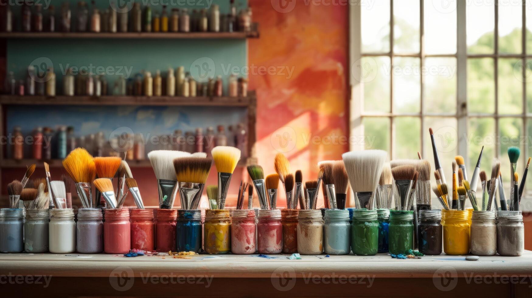 AI generated A lot dirty artist paint brushes in a bucket. Different artist brushes, close-up view. Neural network AI generated photo