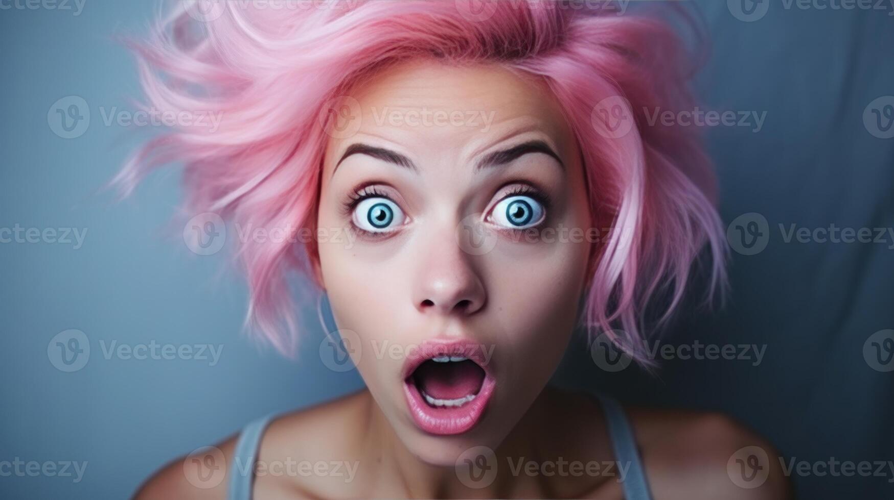 AI generated Girl with pink hair with an emotion of surprise on her face. Neural network AI generated photo