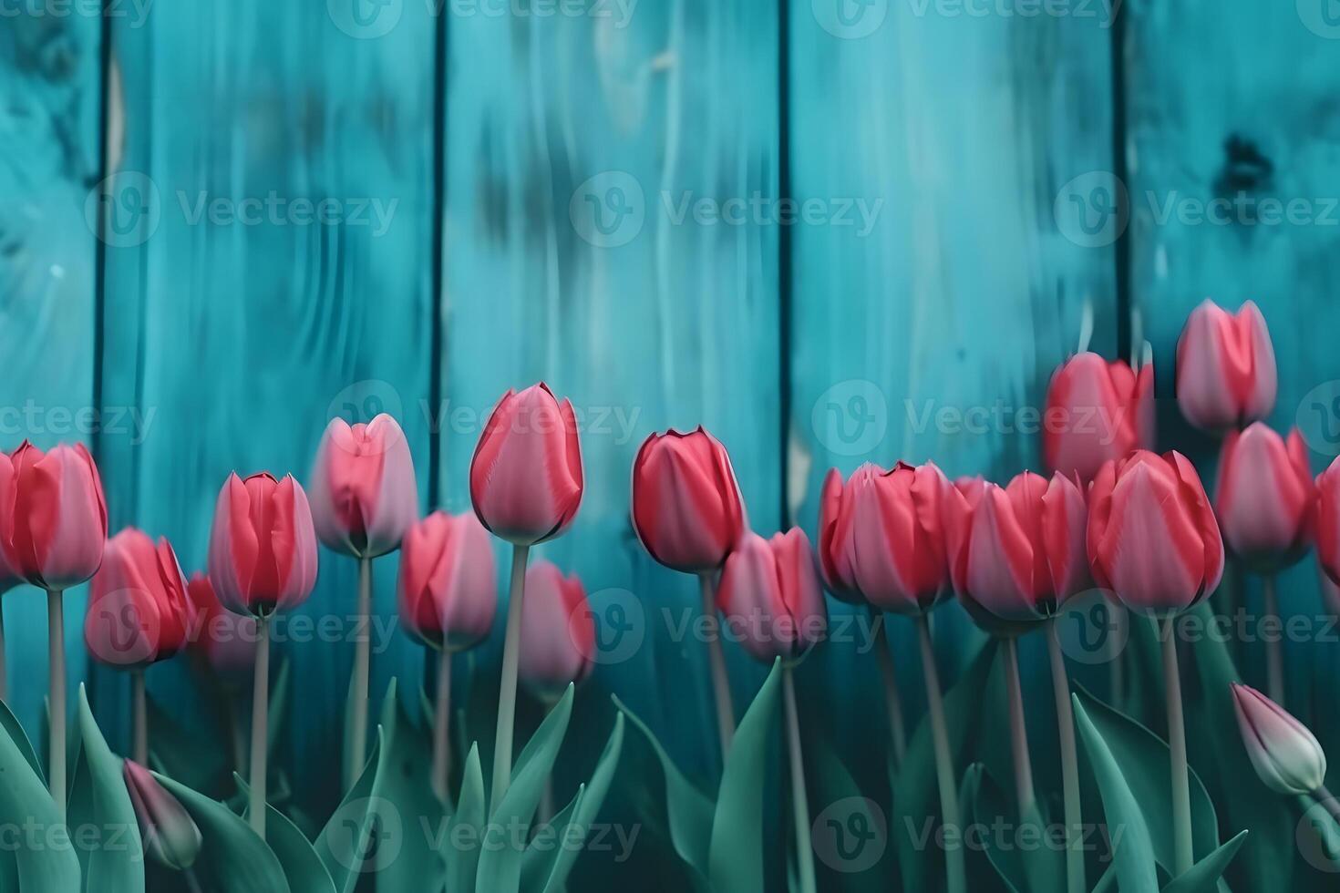 AI generated Frame of tulips on turquoise rustic wooden background. Spring flowers. Neural network AI generated photo