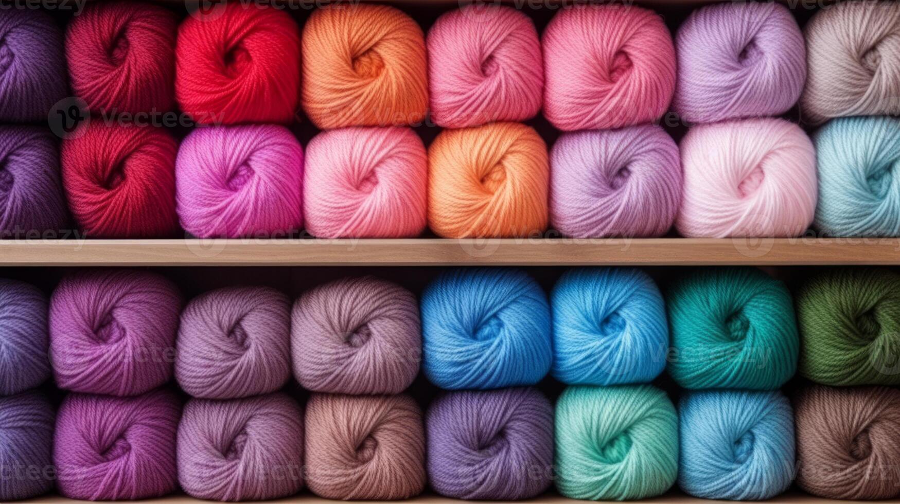 AI generated Many multi-colored balls of threads on a knitted fabric, close-up. Neural network AI generated photo