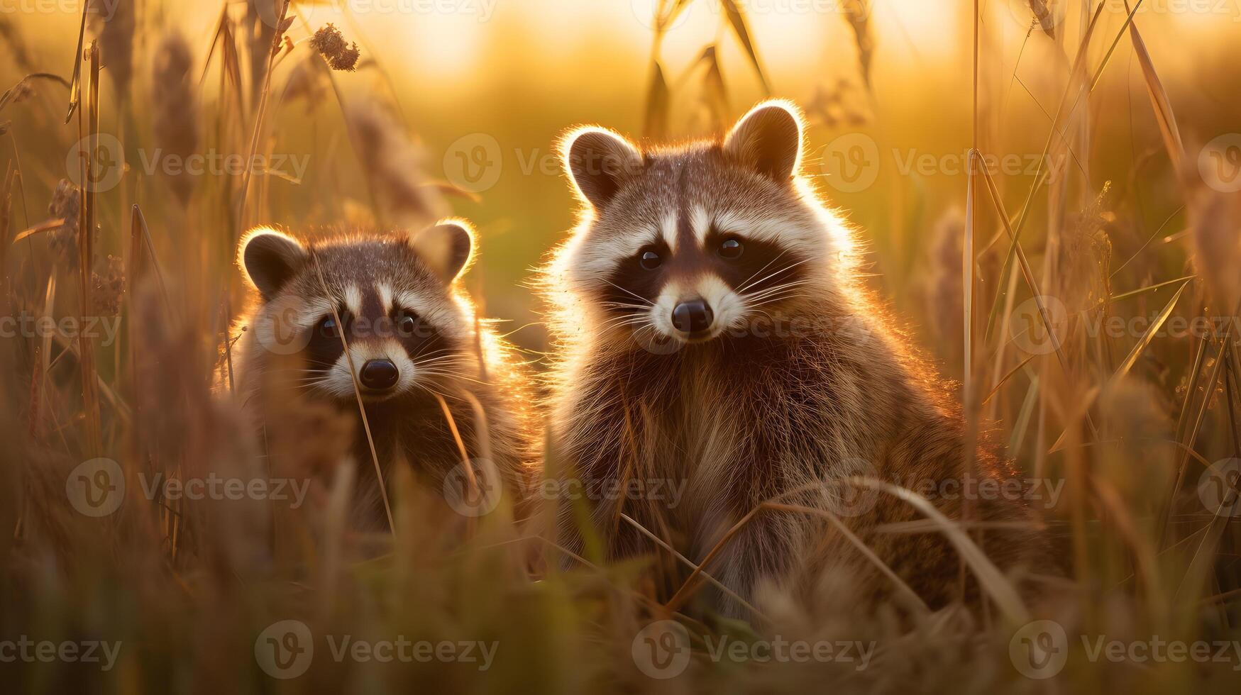 AI generated Two raccoons in a field at sunset. Neural network AI generated photo