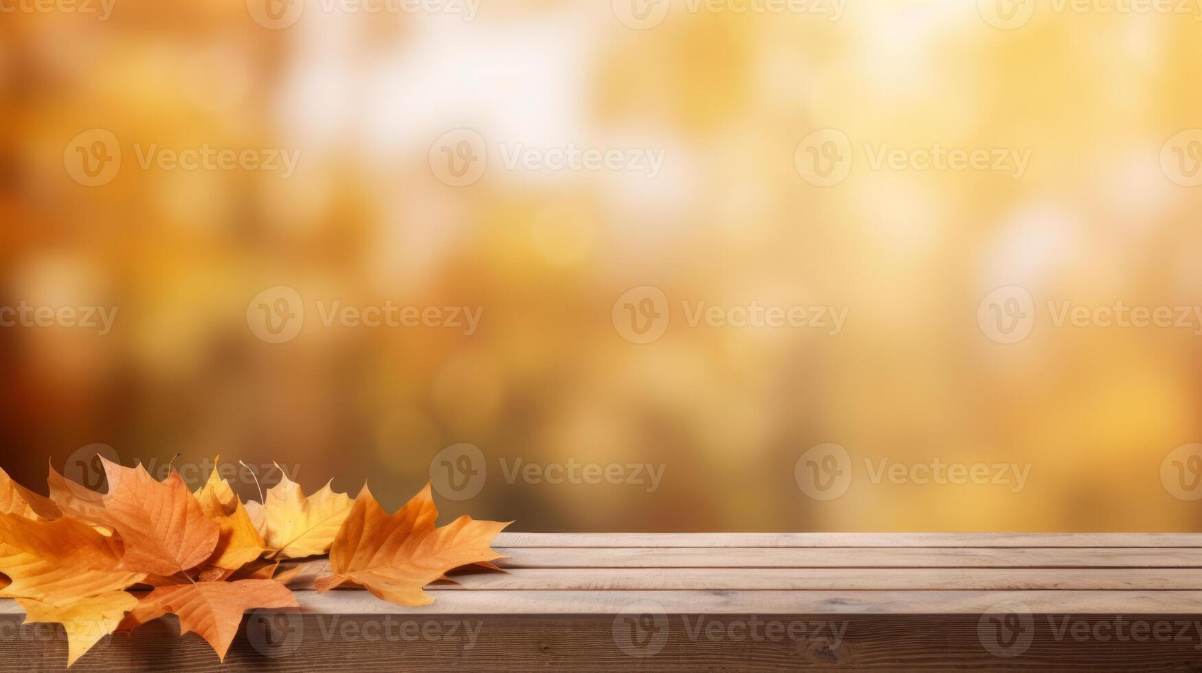 AI generated Autumn background with falling leaves and empty wooden table, ideal for product placement. Neural network AI generated photo