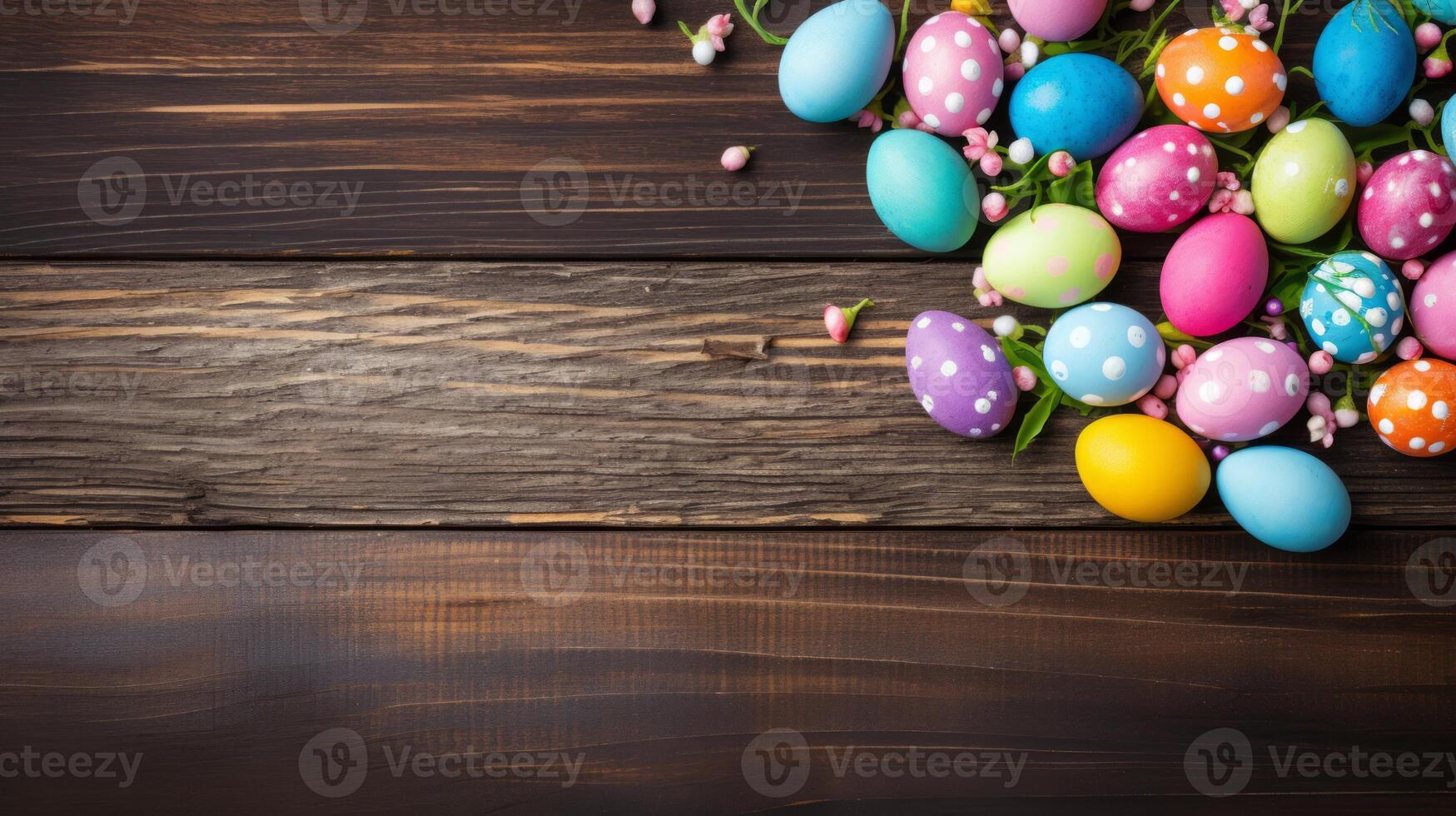 AI generated Easter eggs on a wooden background. Neural network AI generated photo