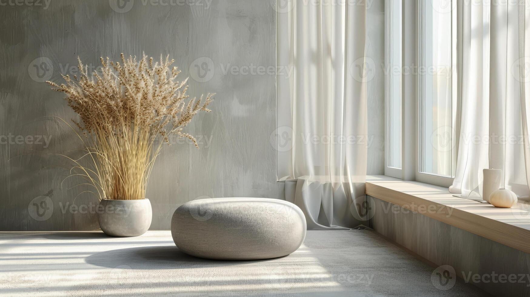 AI generated Interior of modern living room with gray walls, concrete floor, round coffee table and pampas grass in vase. photo