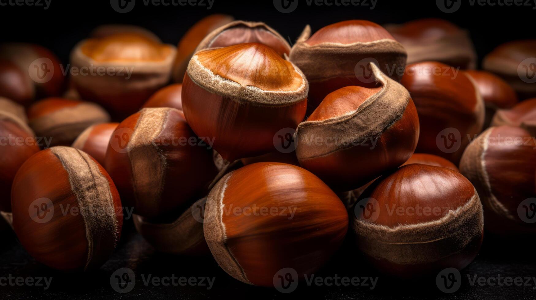 AI generated Hazelnuts on black background. Neural network AI generated photo
