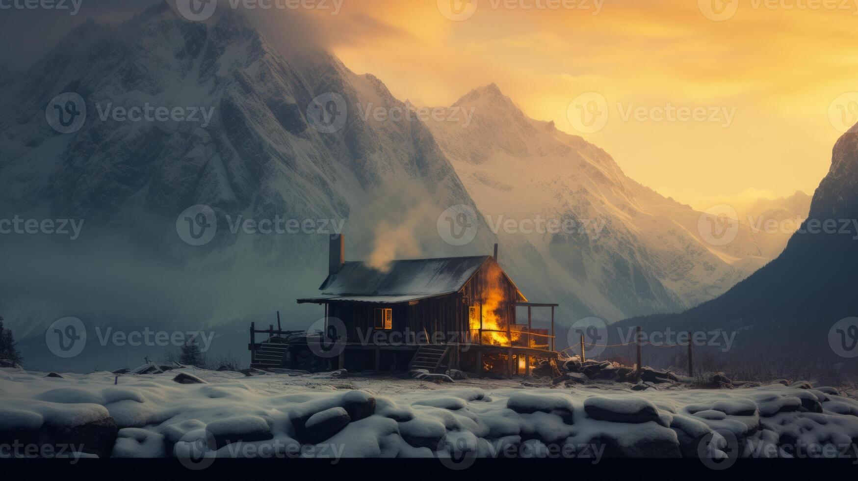 AI generated Cozy wooden house in the mountains in winter. Neural network AI generated photo