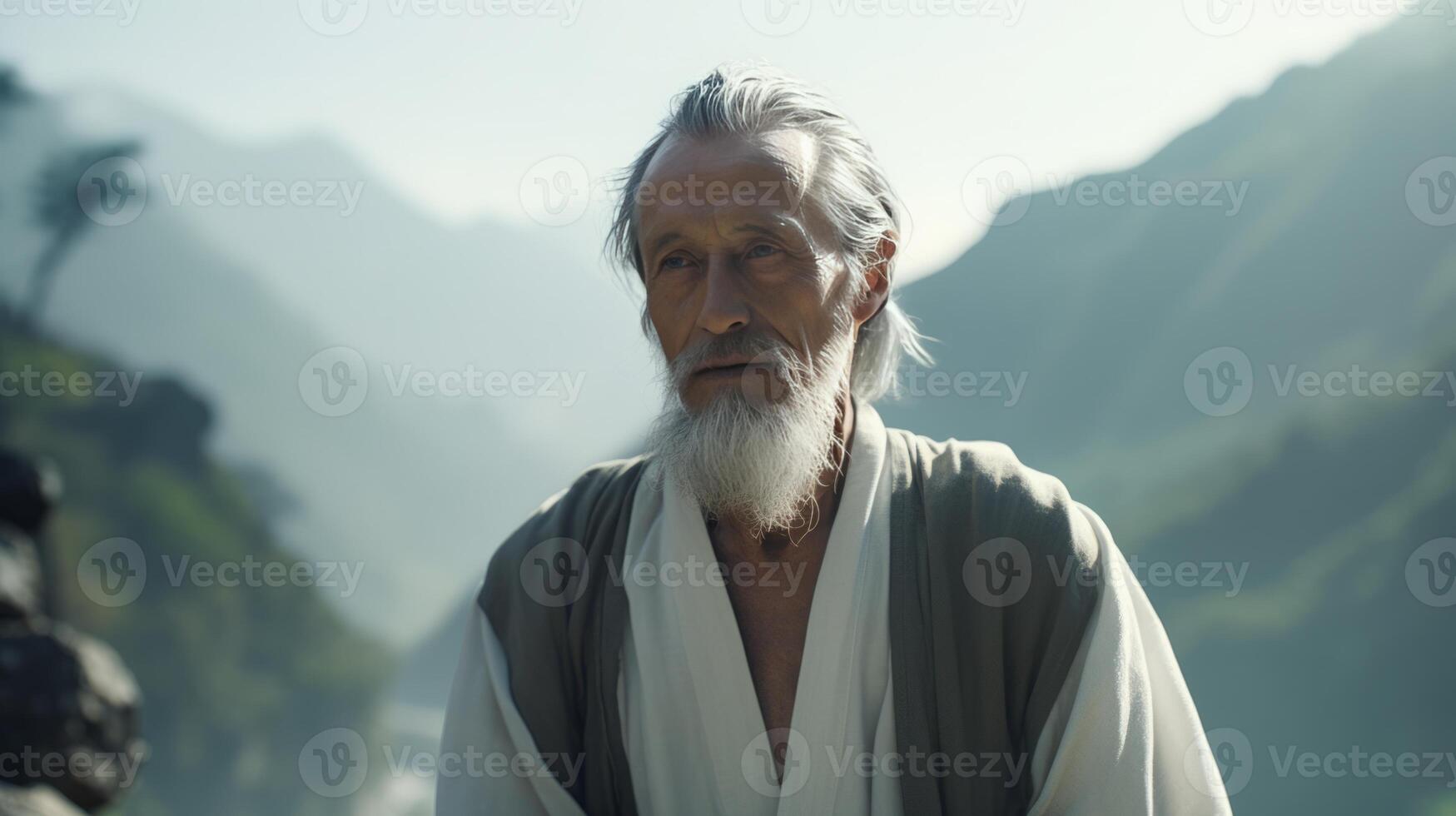 AI generated Asian wise old man in the mountains. Neural network AI generated photo