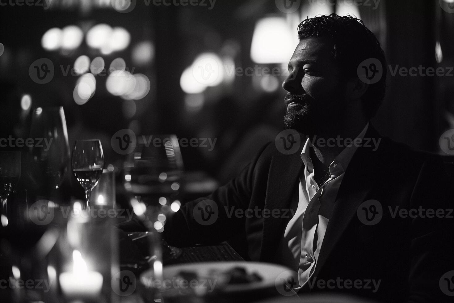 AI generated Gentleman enjoying drinks and food at a restaurant, surrounded by glasses and bottles photo