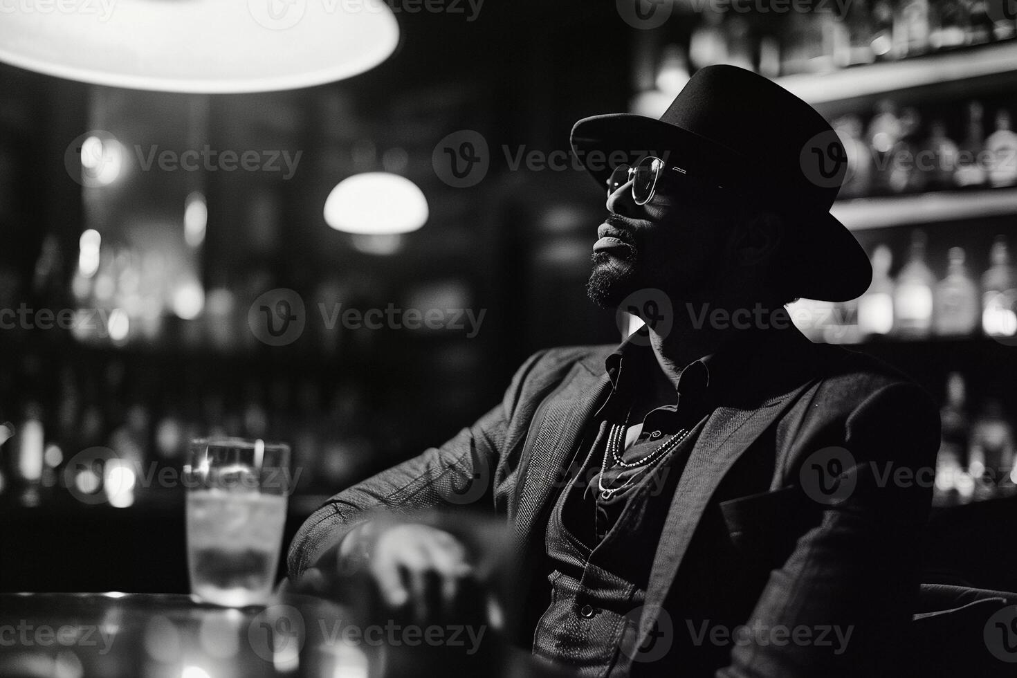 AI generated Gentleman enjoying drinks and food at a restaurant, surrounded by glasses and bottles photo