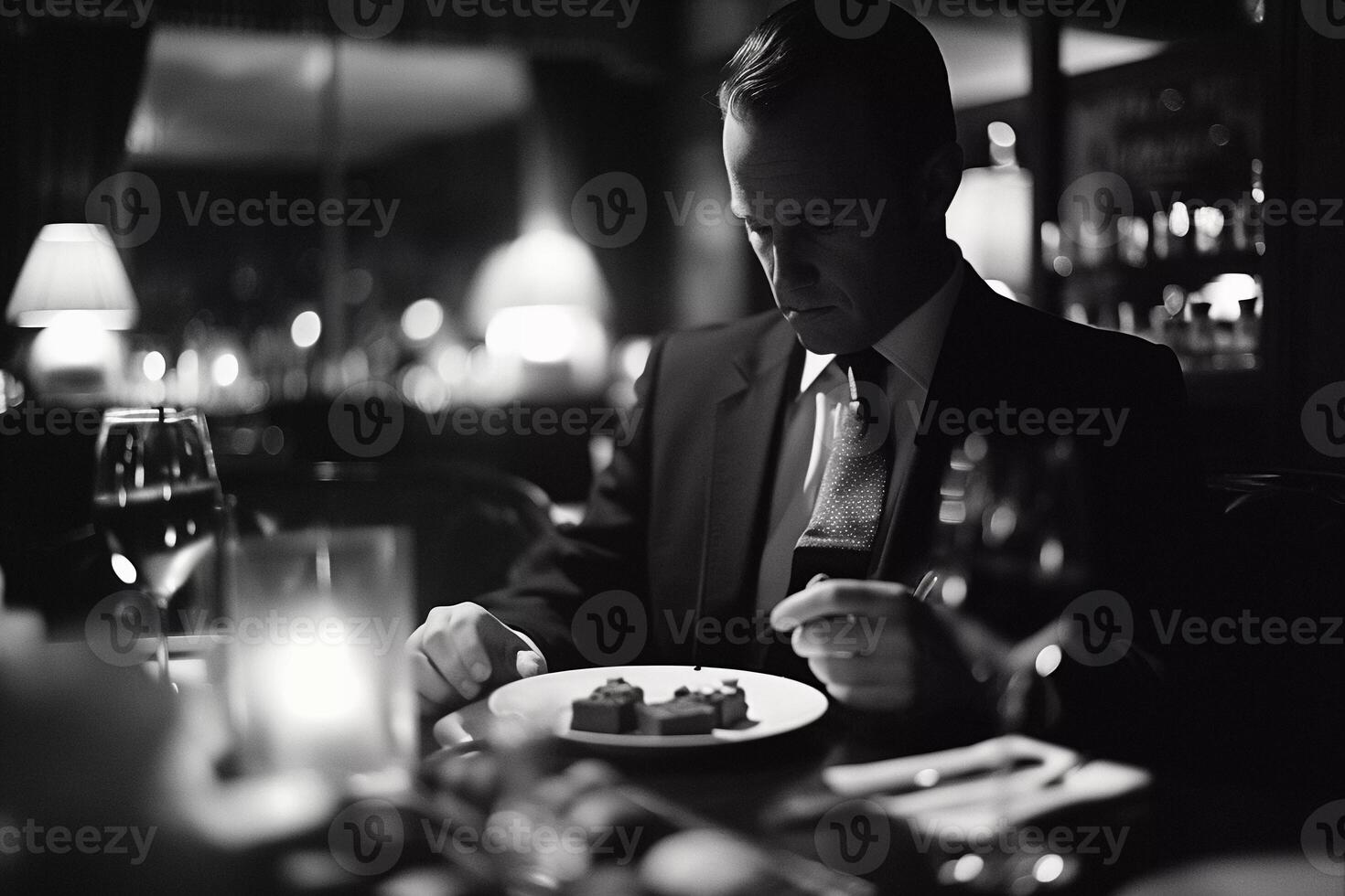 ai generado Caballero disfrutando bebidas y comida a un restaurante, rodeado por lentes y botellas foto