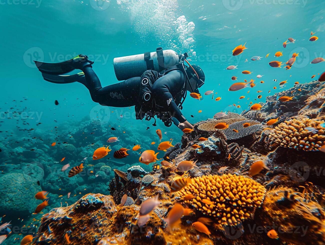 AI generated Underwater Scuba Diver Explores Vibrant Coral Reef Amidst Tropical Marine Life photo