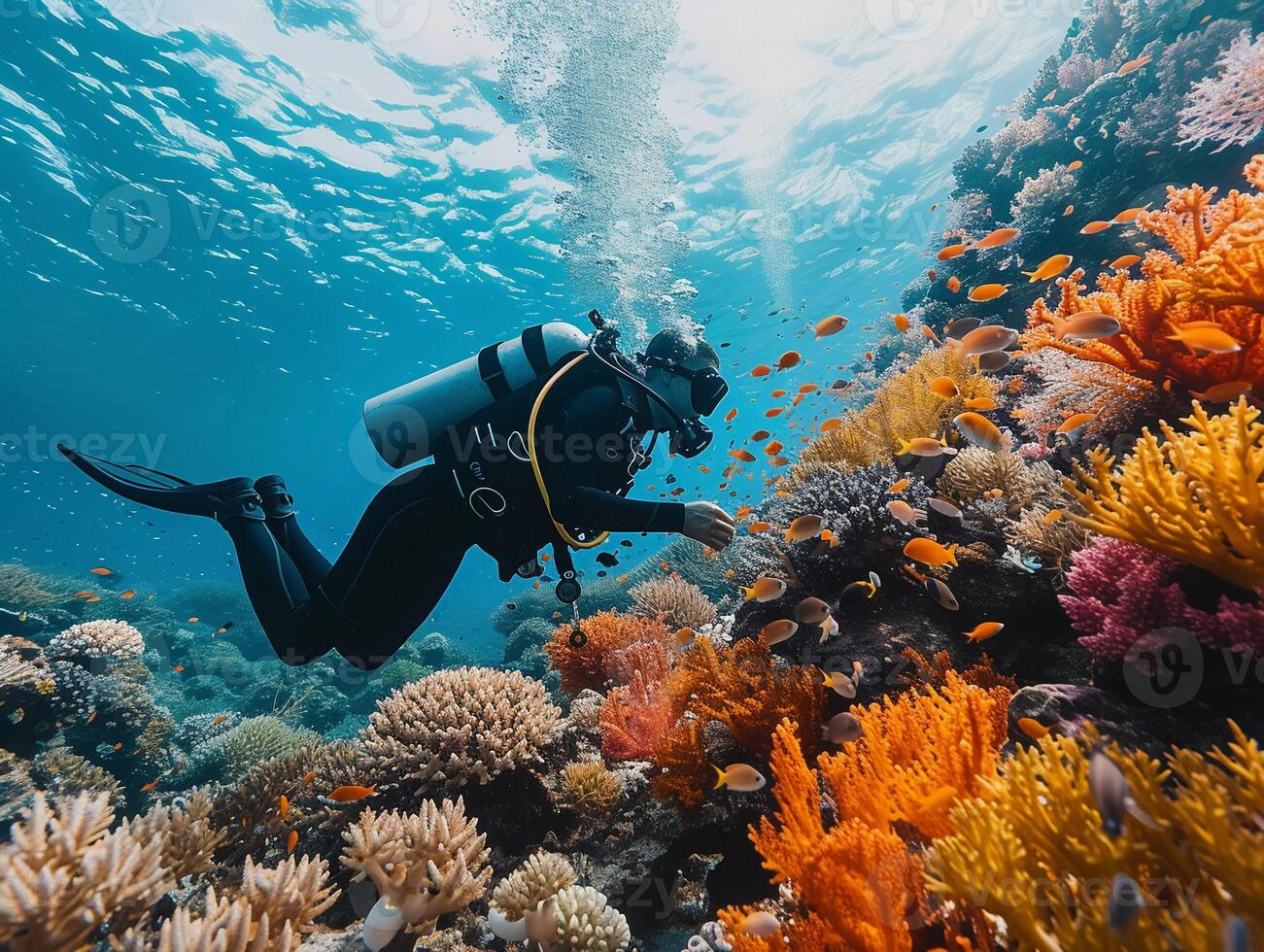 AI generated Underwater Scuba Diver Explores Vibrant Coral Reef Amidst Tropical Marine Life photo