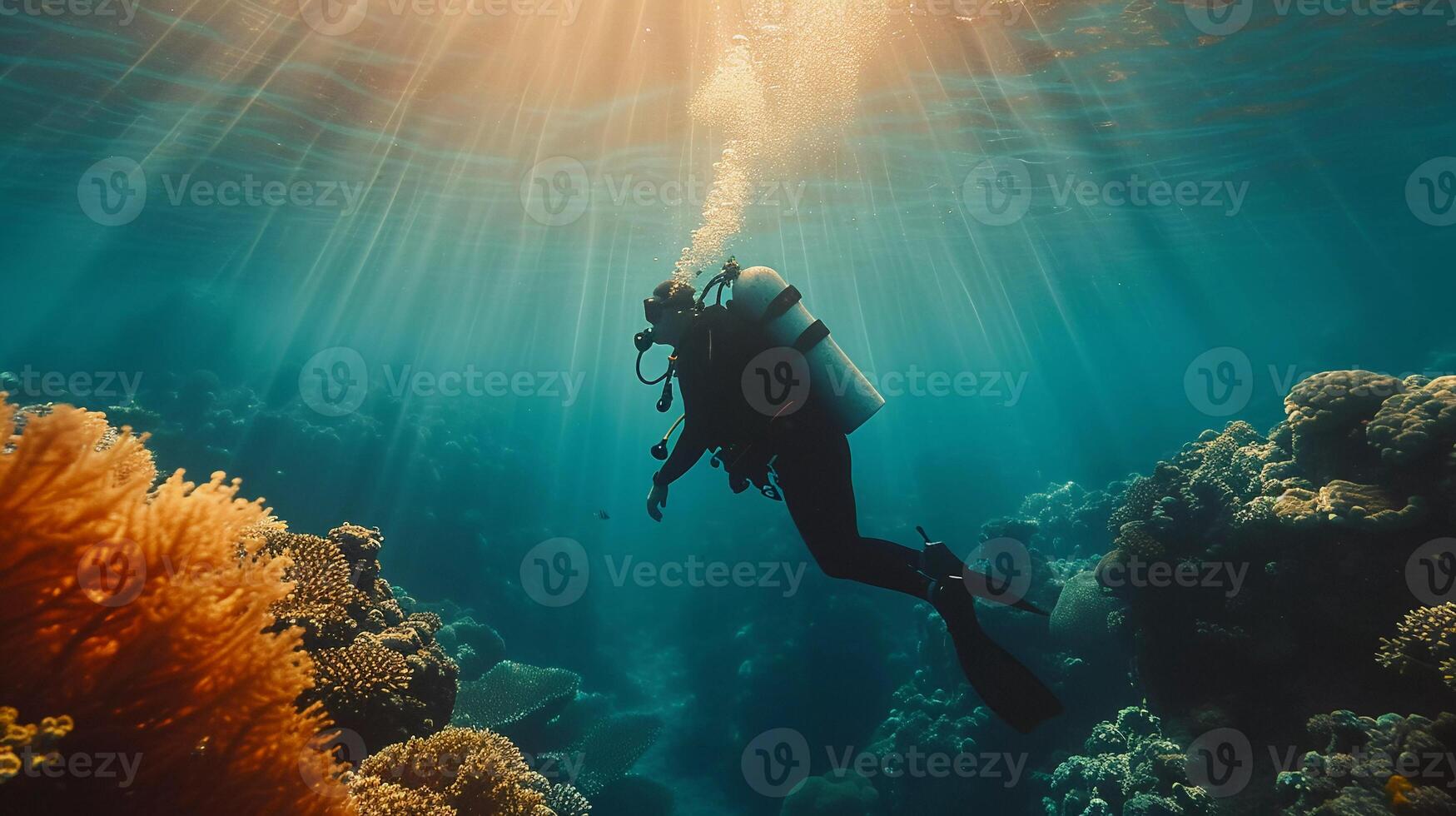 AI generated Underwater Scuba Diver Explores Vibrant Coral Reef Amidst Tropical Marine Life photo