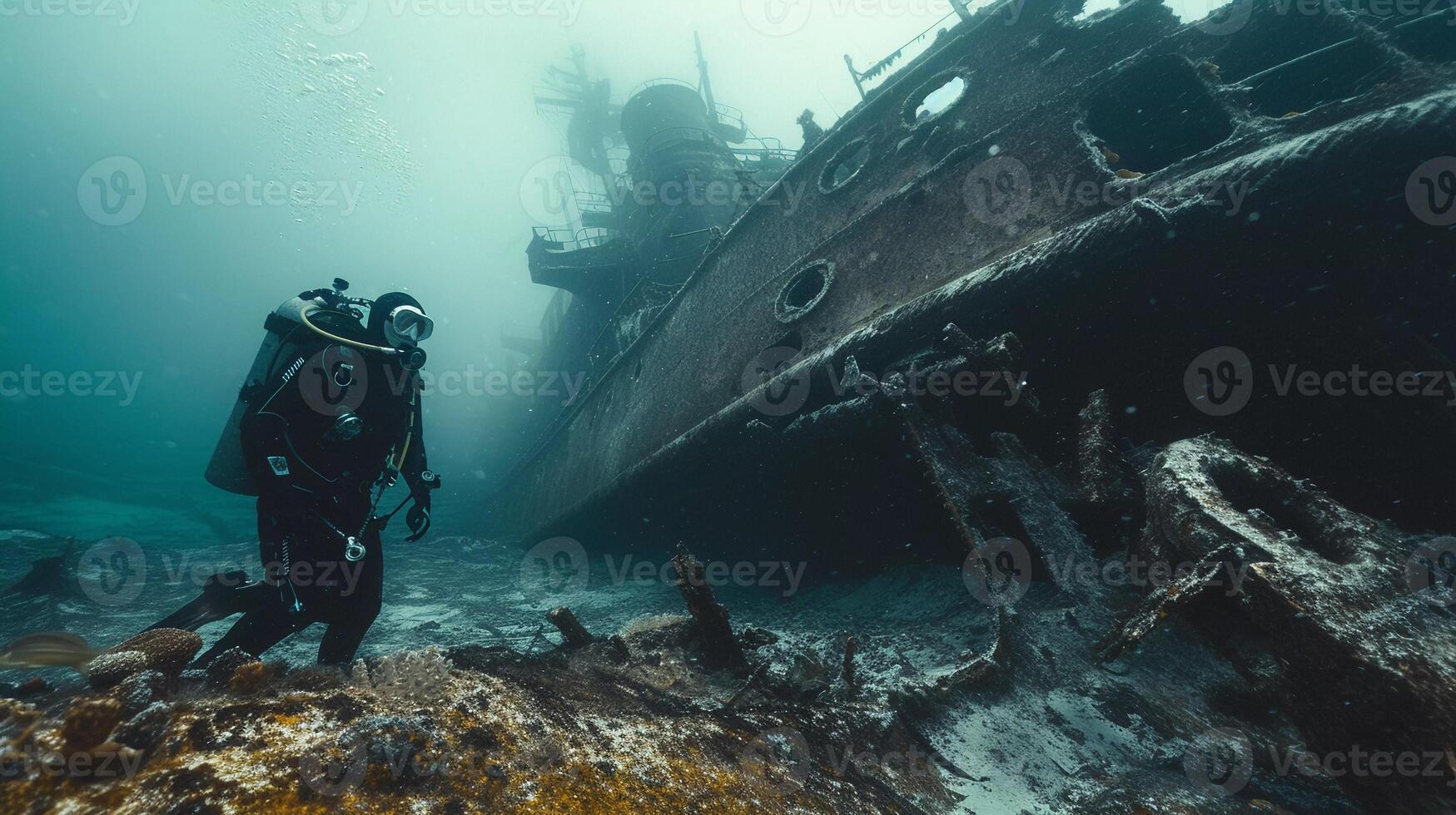 AI generated Scuba diver explores a shipwreck teeming with fish in the deep blue sea photo