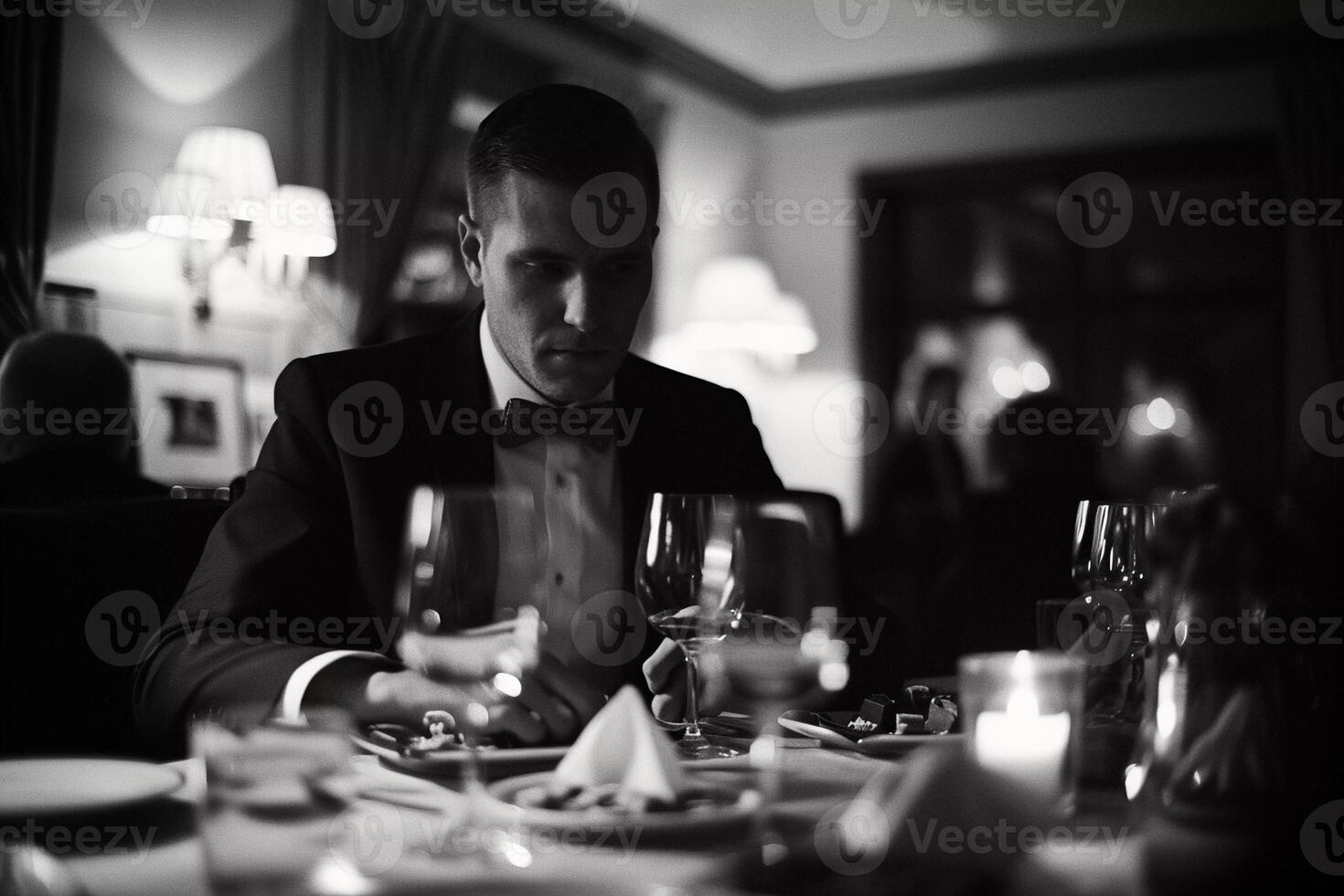 ai generado Caballero disfrutando bebidas y comida a un restaurante, rodeado por lentes y botellas foto