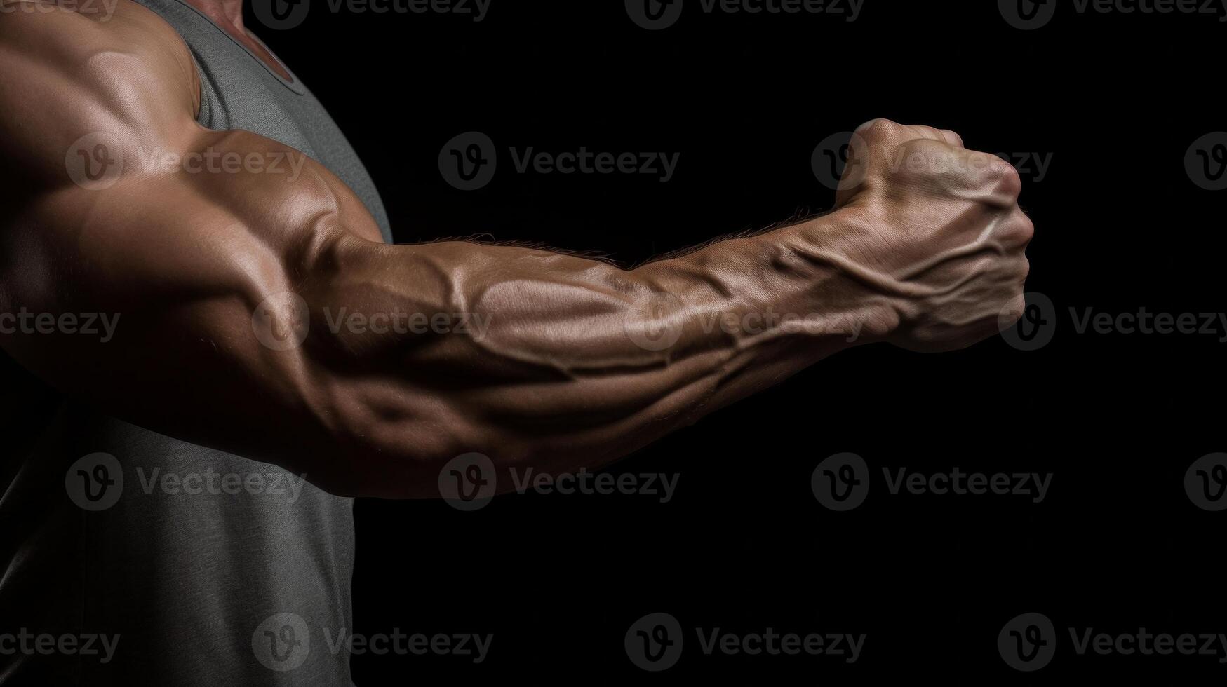 AI generated tense arm clenched into fist, veins, bodybuilder muscles on a dark background. Neural network AI generated photo