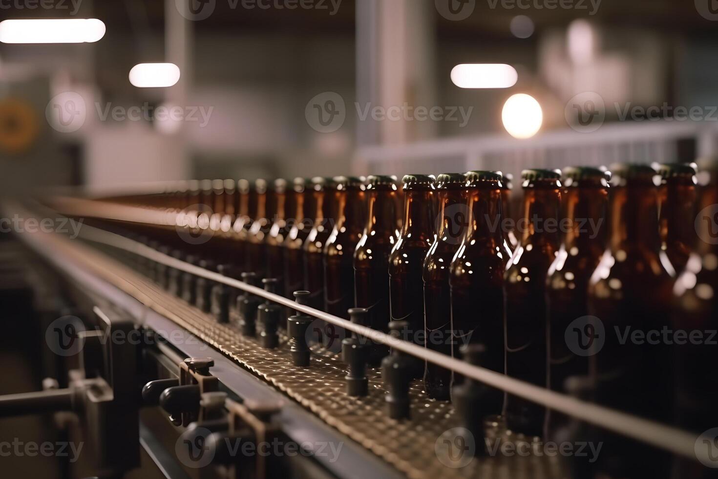 AI generated Beer bottles on the conveyor belt. Neural network AI generated photo