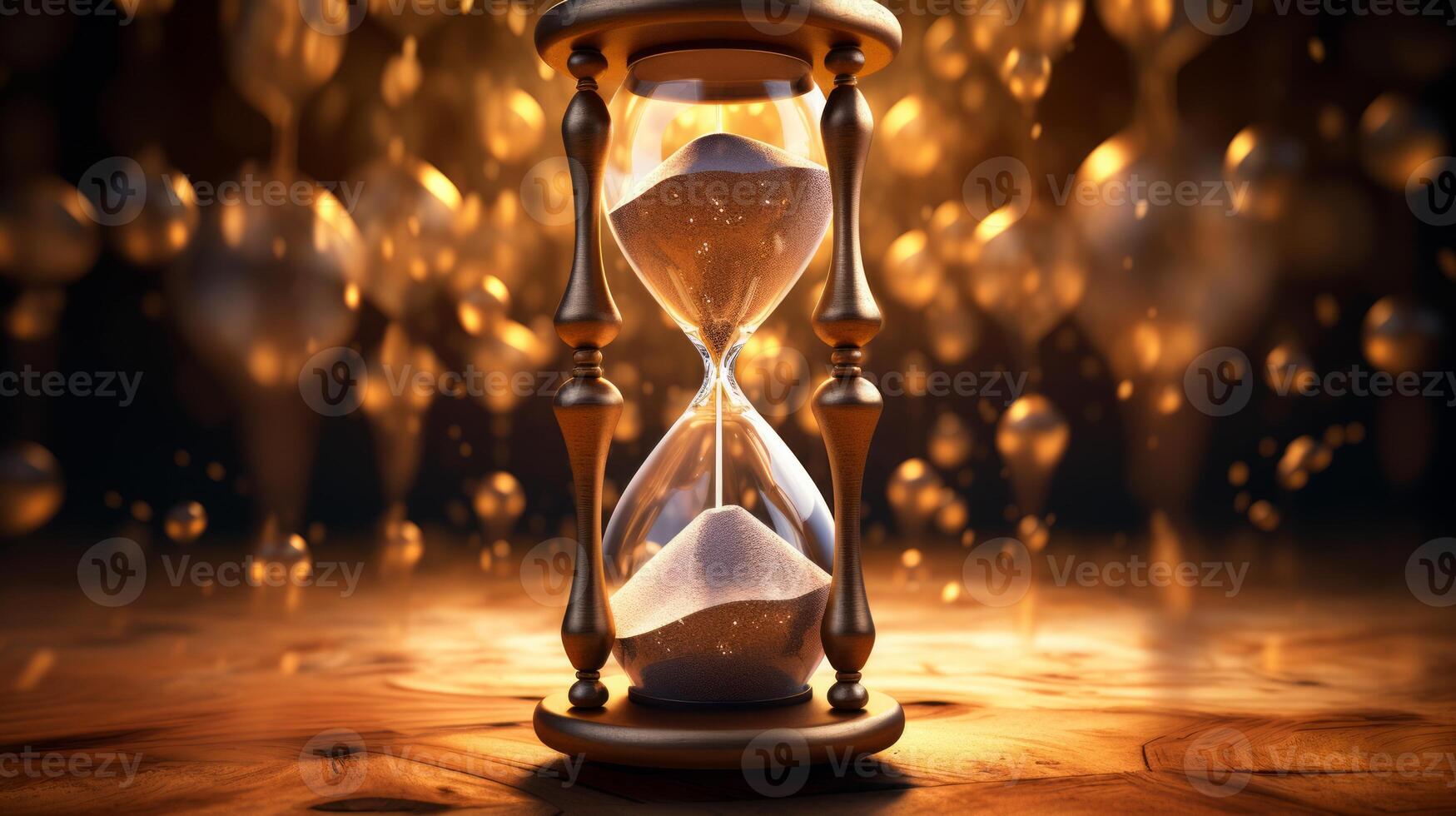 AI generated Sand running through the bulbs of an hourglass measuring the passing time in a countdown to a deadline, on a dark background. Neural network AI generated photo