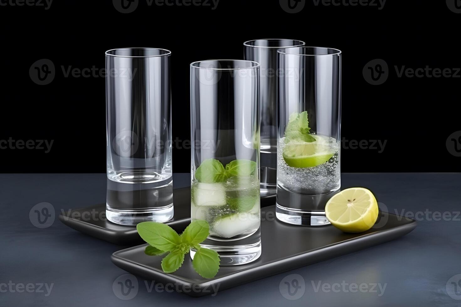 AI generated Shot glasses with tequila on bar counter. Neural network AI generated photo