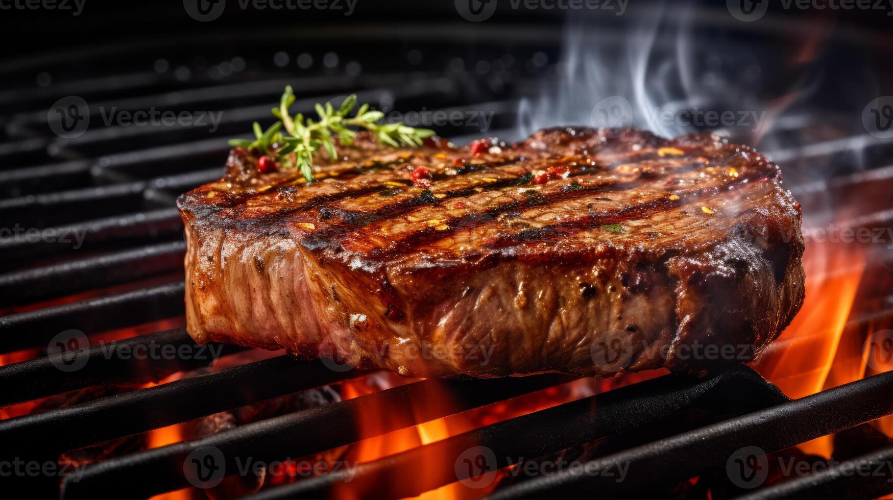 AI generated Grilled meat steak on stainless grill depot with flames. Neural network AI generated photo