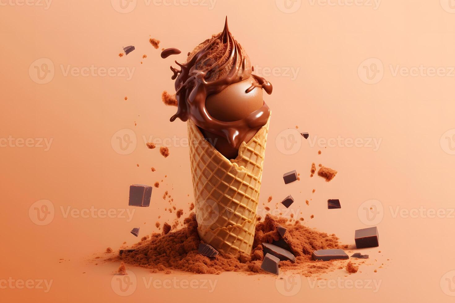 AI generated Chocolate ice cream cone ads, pouring chocolate toppings. Neural network AI generated photo