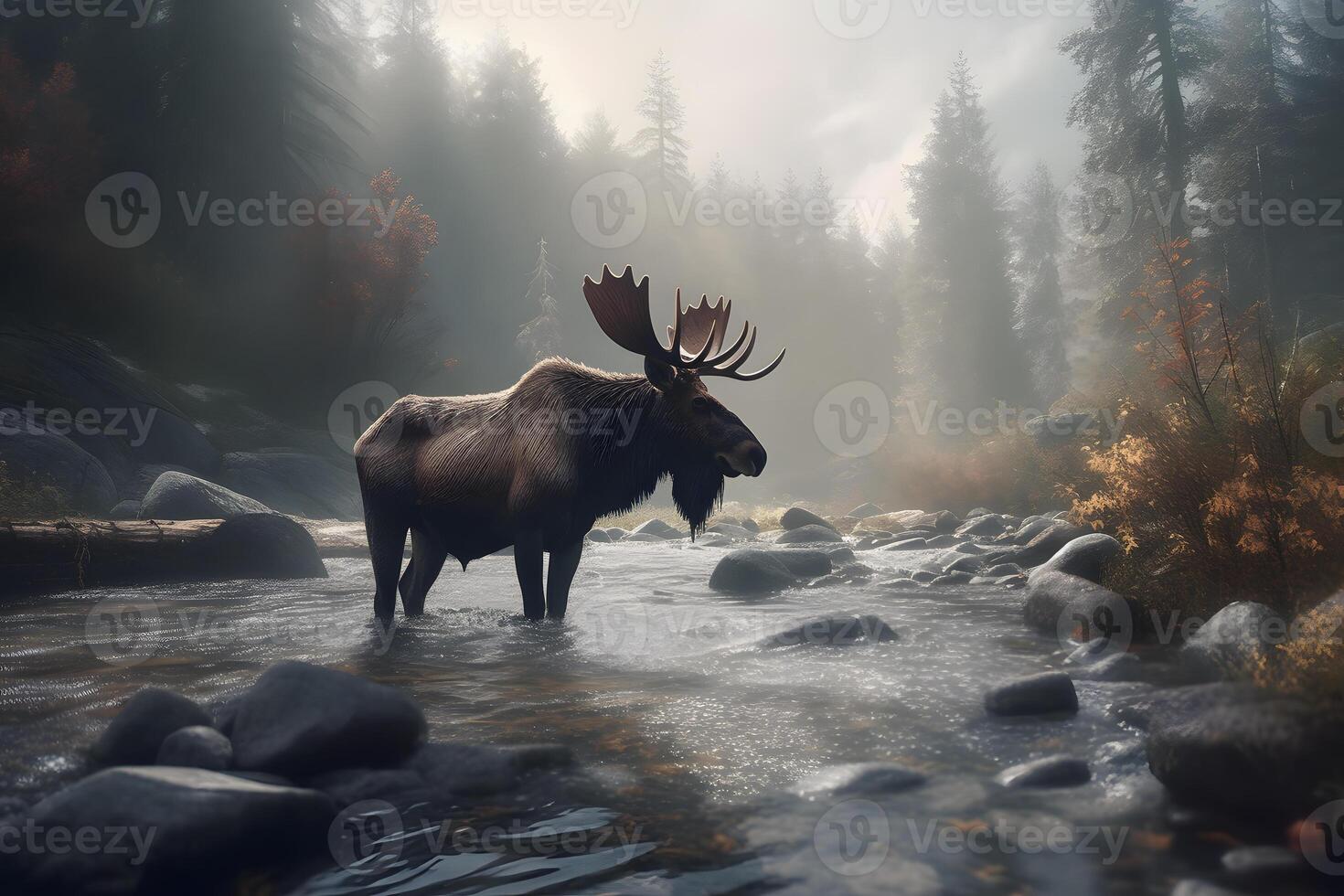 AI generated Bull Moose During the Rut in Wyoming in Atuumn. Neural network AI generated photo