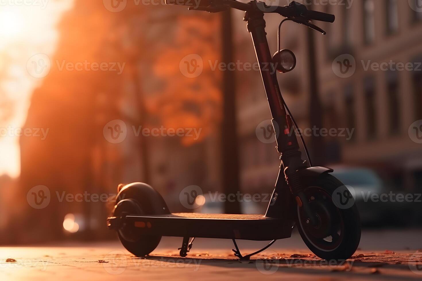 ai generado eléctrico scooter en el calle, puesta de sol tiempo. neural red ai generado foto