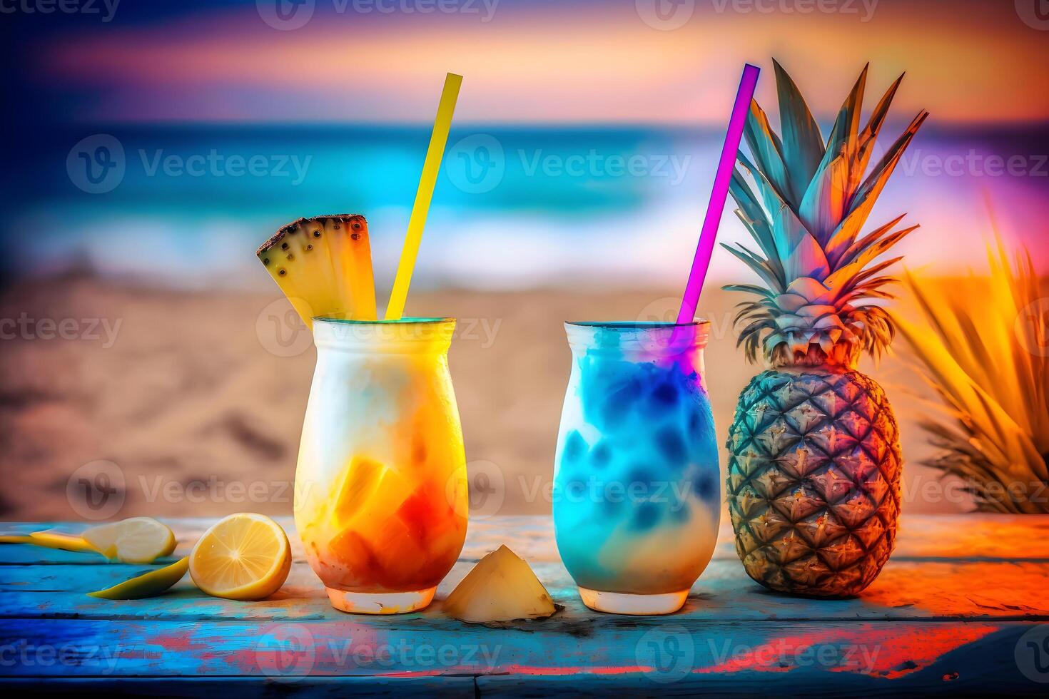 AI generated nice fresh exotic cocktails, served on the beach. Neural network AI generated photo