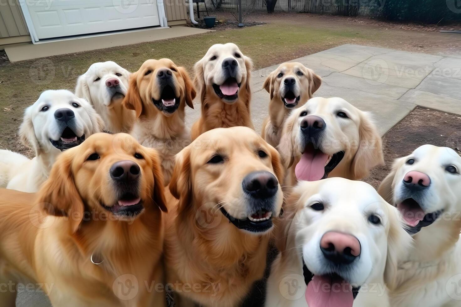 AI generated cute beagle looking at the camera while taking a selfie with another beagle and a pug. Neural network AI generated photo