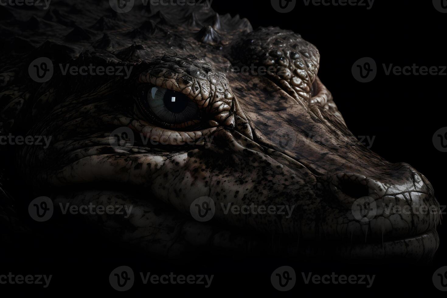 AI generated Close up view crocodile. Wild animal isolated on a black background. Neural network AI generated photo