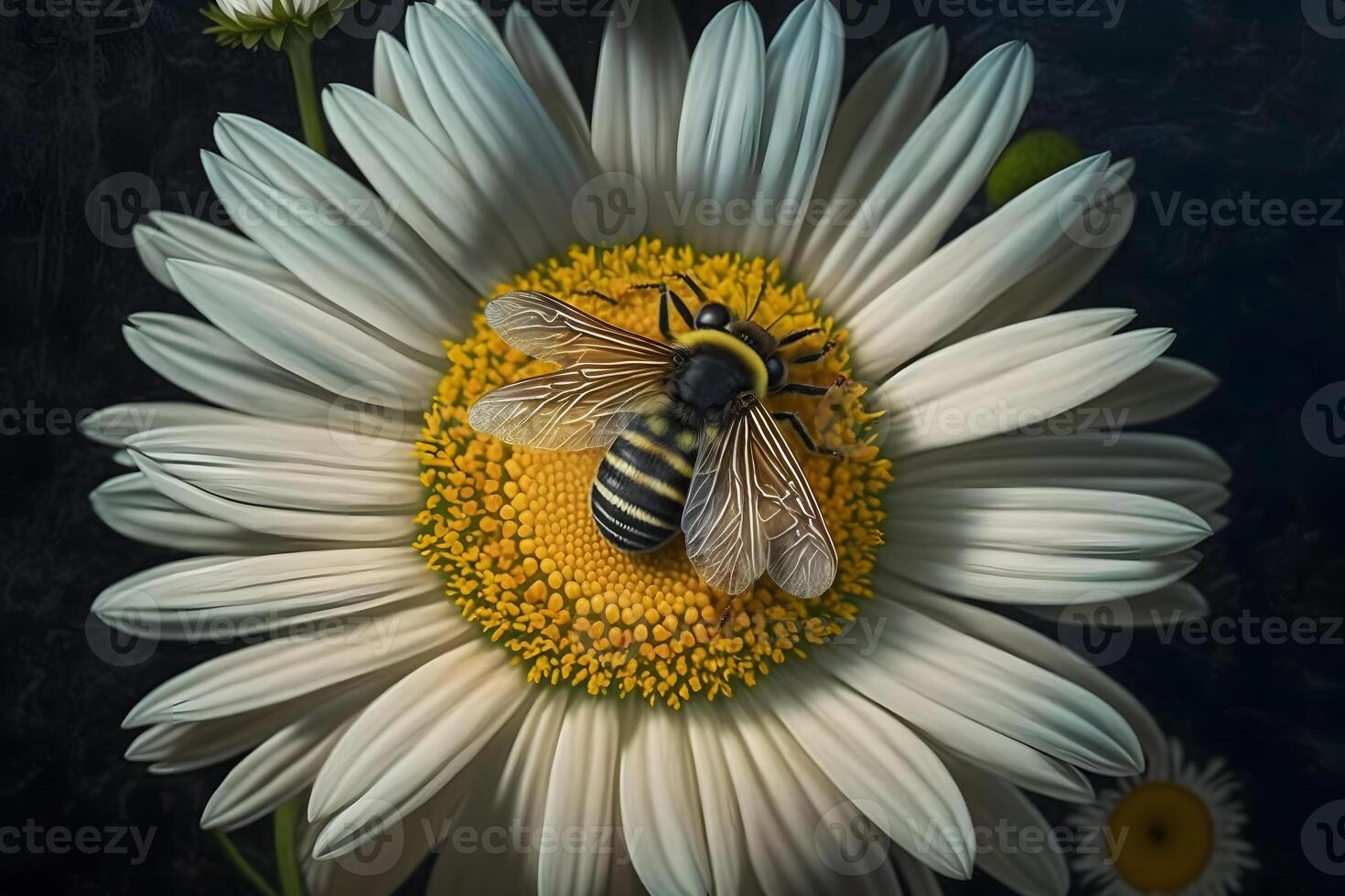 AI generated bee on chamomile closeup. Neural network AI generated photo