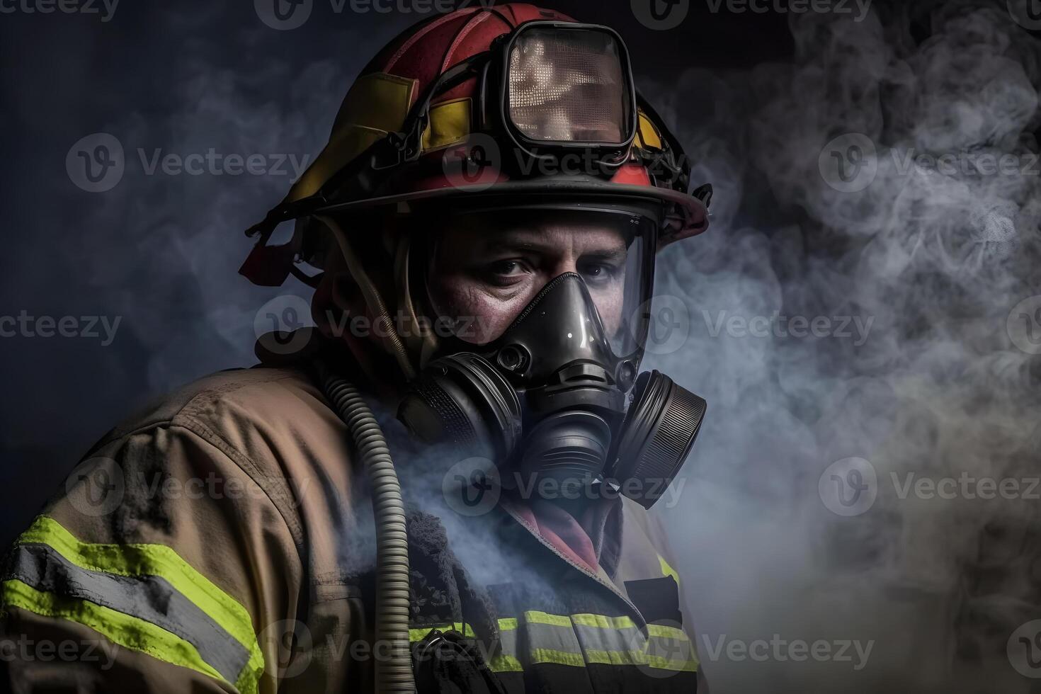 AI generated Close up portrait of face firefighter wearing protective uniform and an protective mask. Neural network AI generated photo