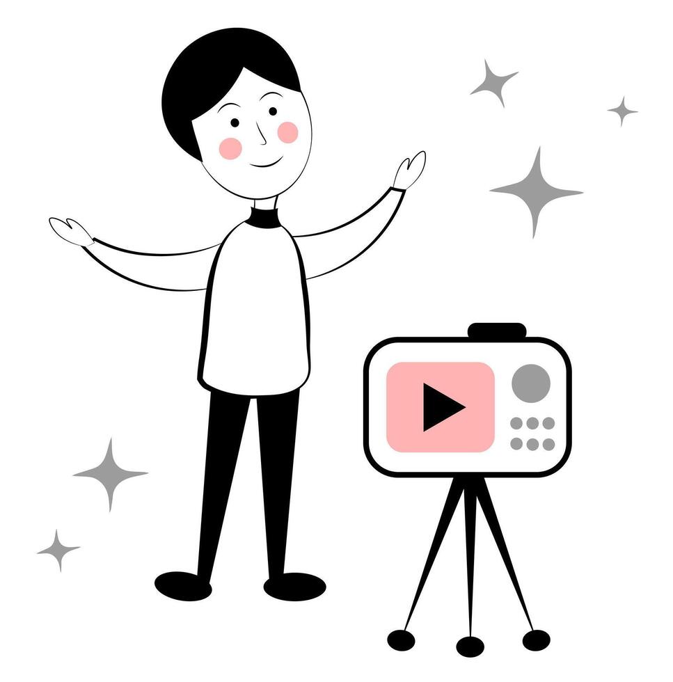 A man with a video camera on a white background. Blogger. Doodle vector