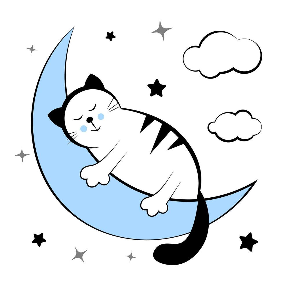 the cat sleeps on the moon. Doodle vector