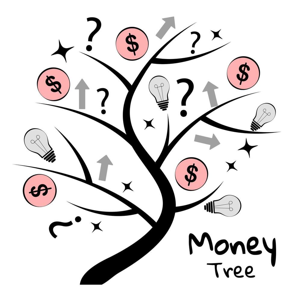 Money tree on white background. Doodle vector