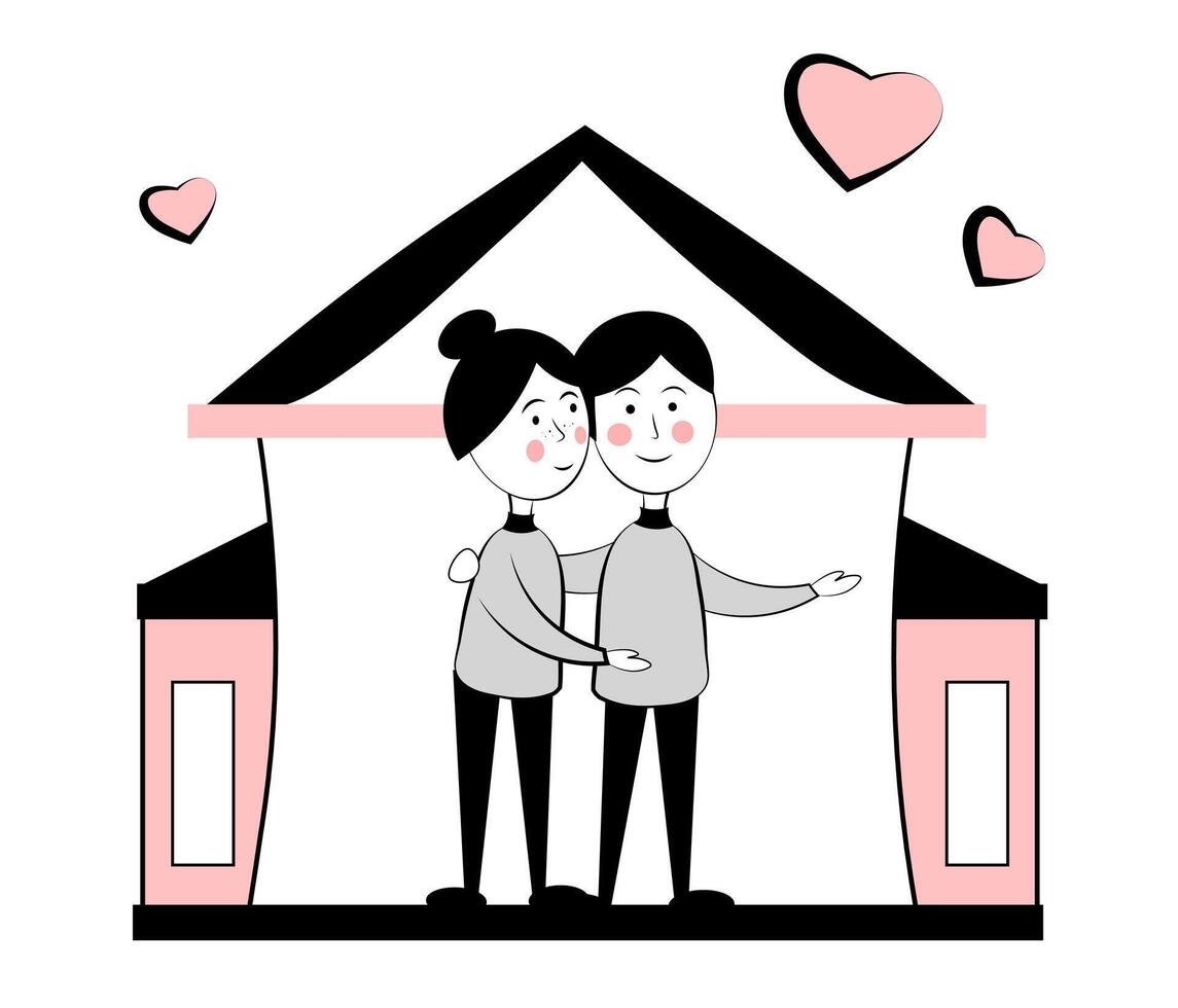 Mortgage. Own house. Couple. Doodle vector