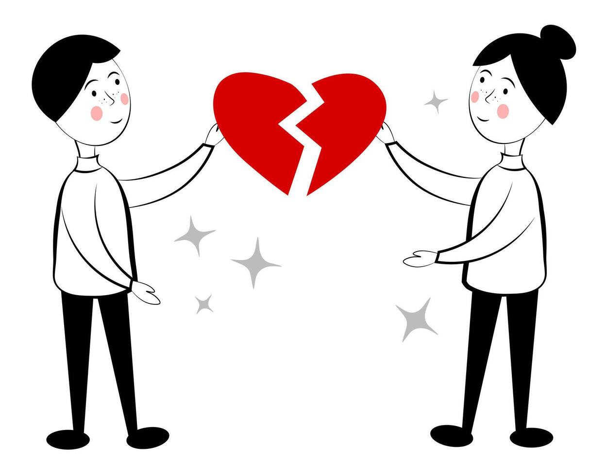 A man and a woman with broken hearts. Doodle vector