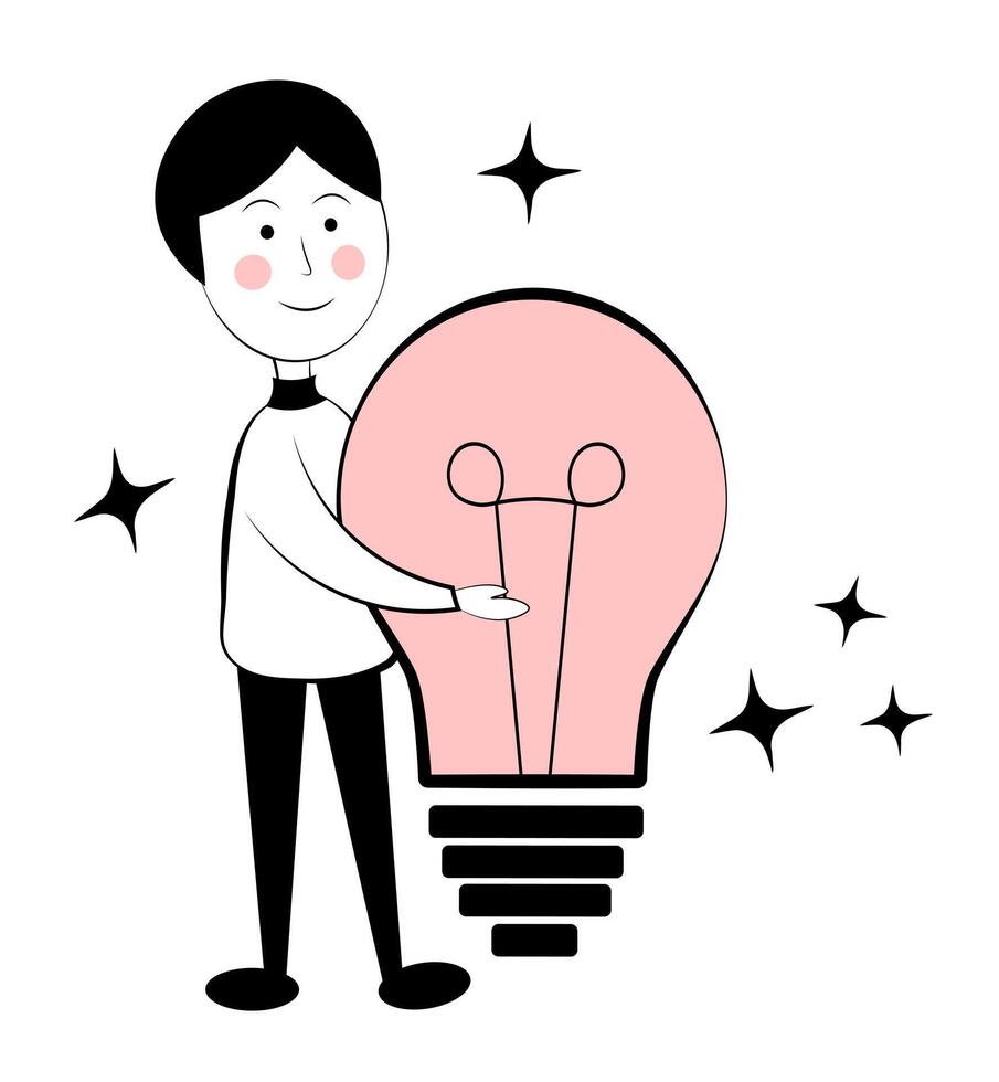 Man and light bulb. Doodle vector