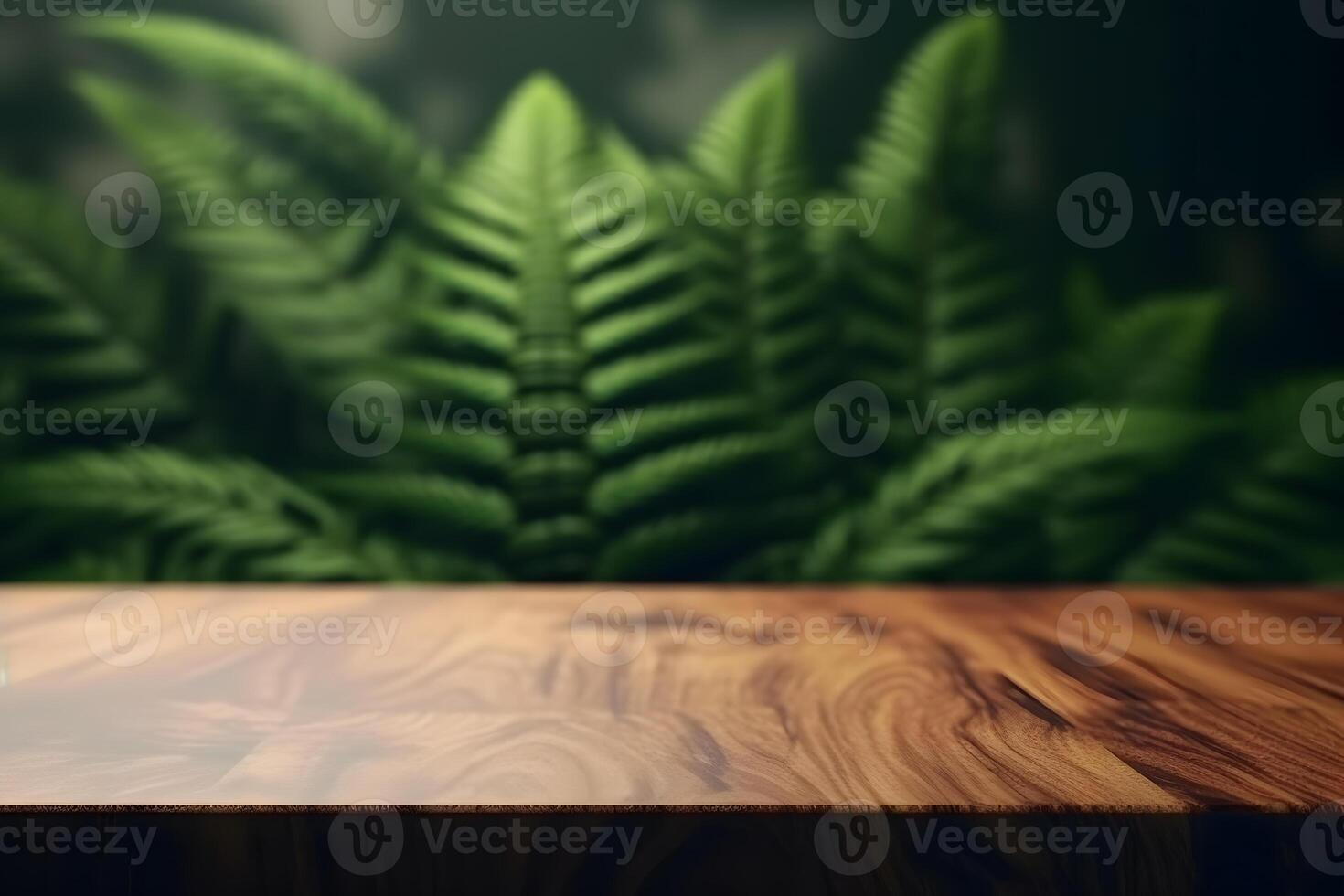 AI generated Jungle table background. Interior table for a cosmetic item against the backdrop of tropical plants, palms and jungle. Neural network AI generated photo
