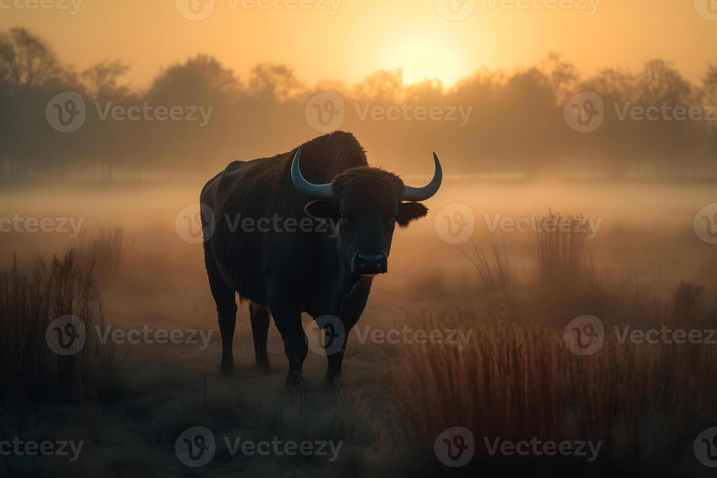 ai generado toro en el salvaje, paisaje con puesta de sol o amanecer. neural red ai generado foto