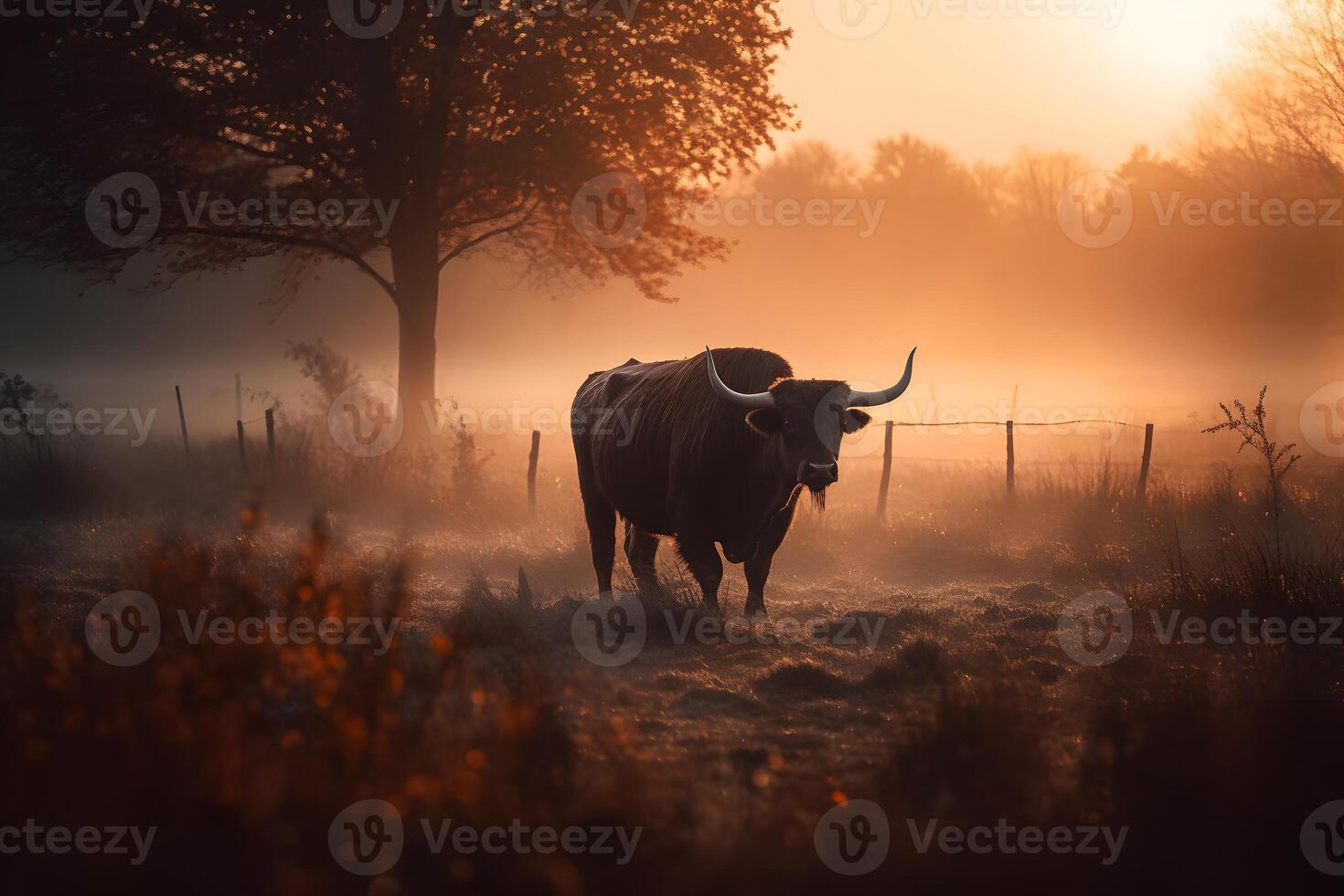 AI generated Bull in the wild, Landscape with sunset or sunrise. Neural network AI generated photo