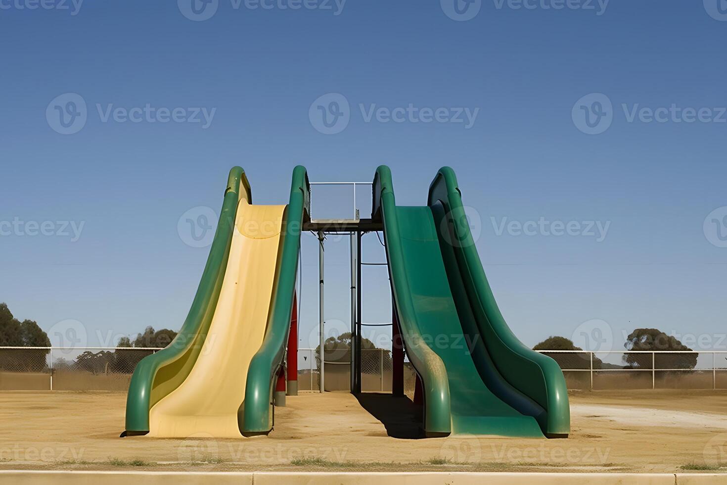 AI generated Beautiful view of water park with colorful slides and swimming pool on sunny day. Neural network AI generated photo