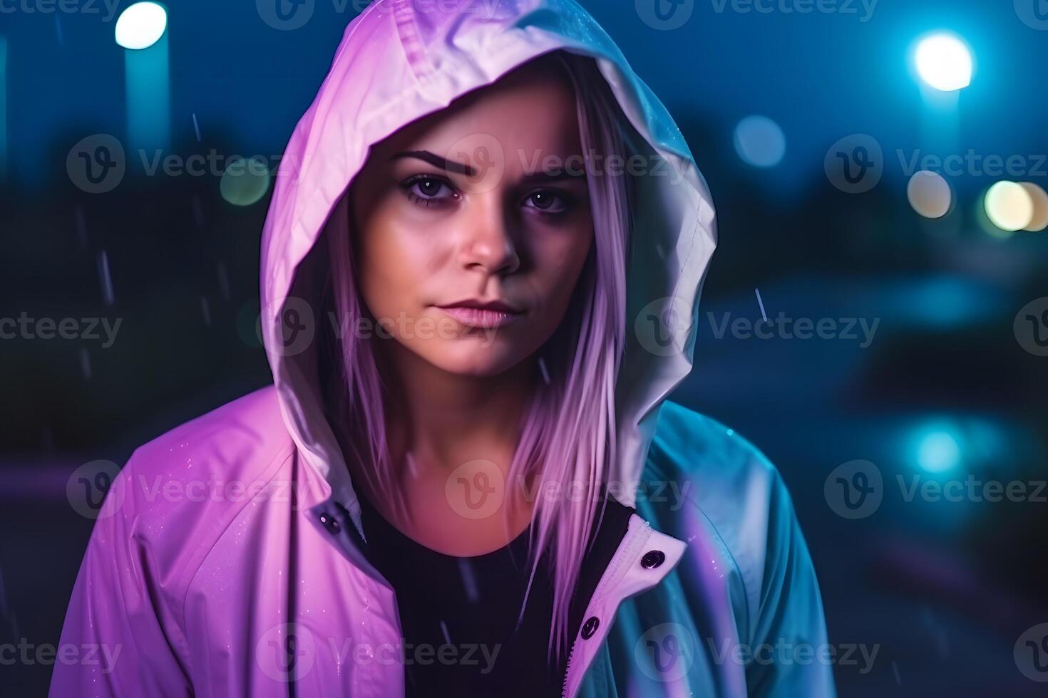 AI generated Portrait of a young girl in lilac neon tones. Neural network AI generated photo