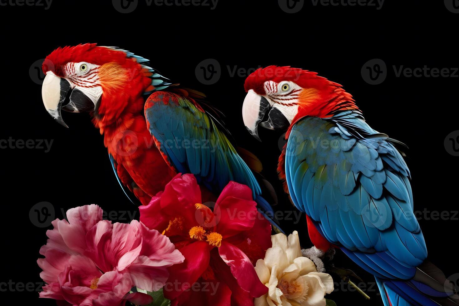 AI generated beautiful rainbow parrots and flowers on a black background. Neural network AI generated photo