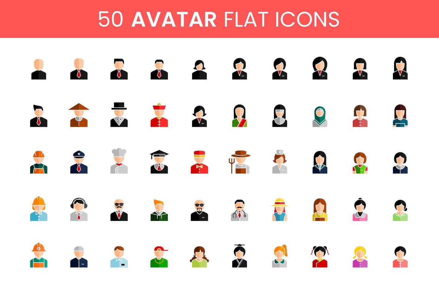 50 Big Set User Avatar Flat Icons Full Colors Simple Vector Perfect Illustrations. People and Character Business. Male and Female Faces. Men and Women Professions.