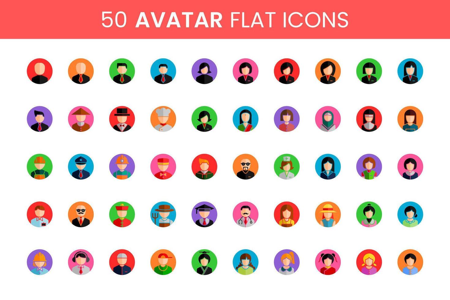 50 grande conjunto usuario avatar plano íconos lleno colores sencillo vector Perfecto ilustraciones. personas y personaje negocio. masculino y hembra caras. hombres y mujer profesiones