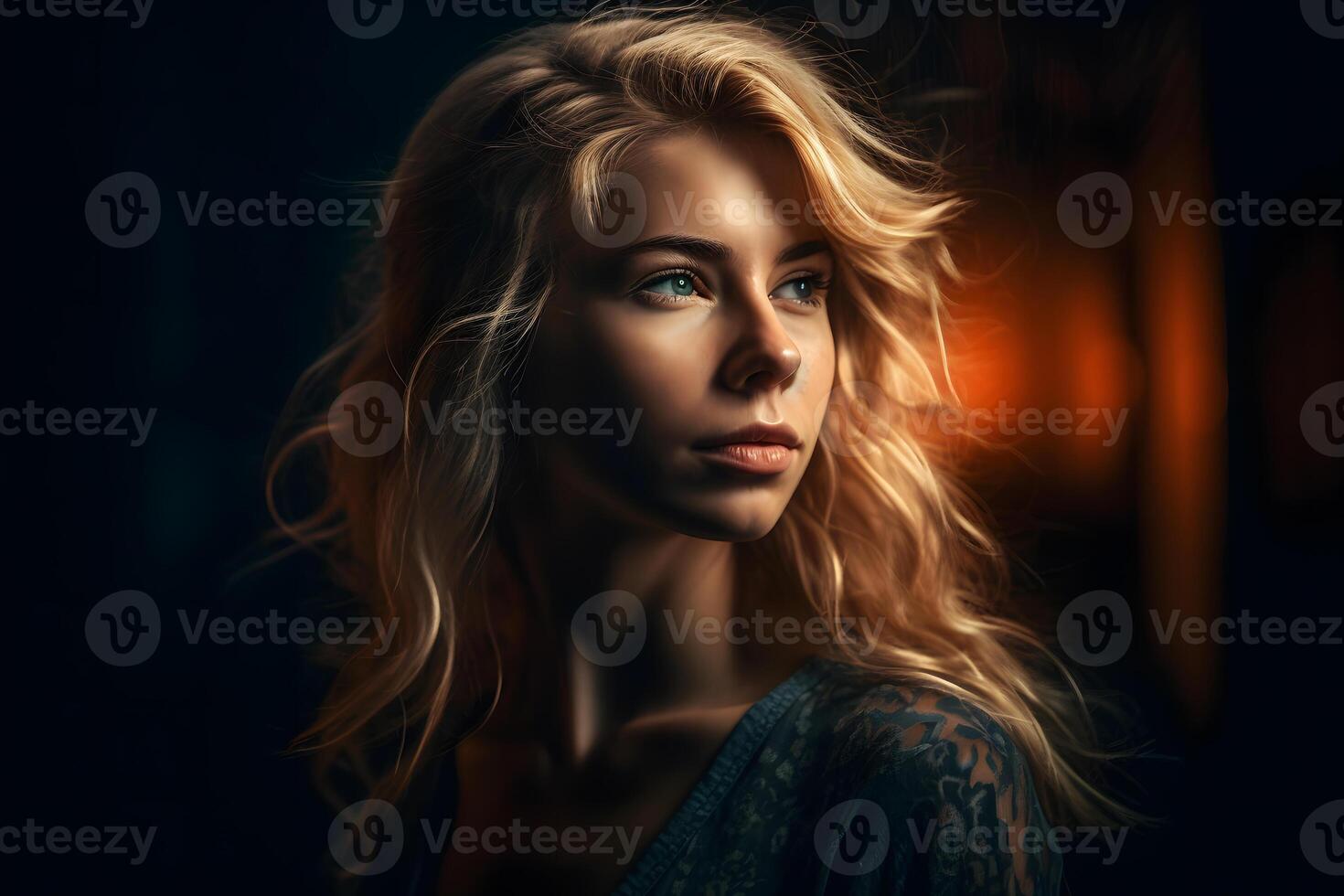 ai generado retrato de un rubia niña en un oscuro antecedentes. neural red ai generado foto