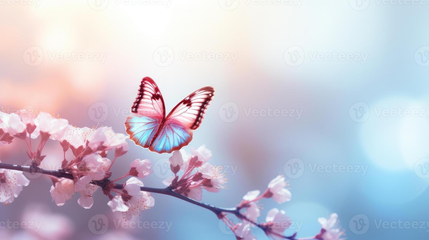 AI generated Spring background. Cherry blossom and butterfly. AI-generated content. photo