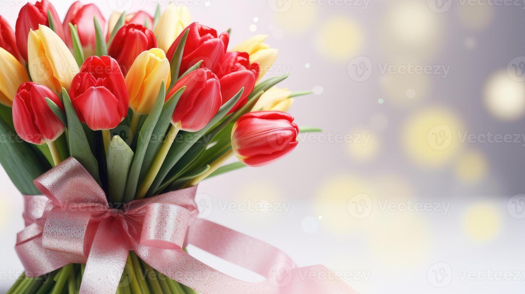 AI generated A bouquet of fresh red and yellow tulips tied with a ribbon. Blur background with copy space. AI-generated content photo
