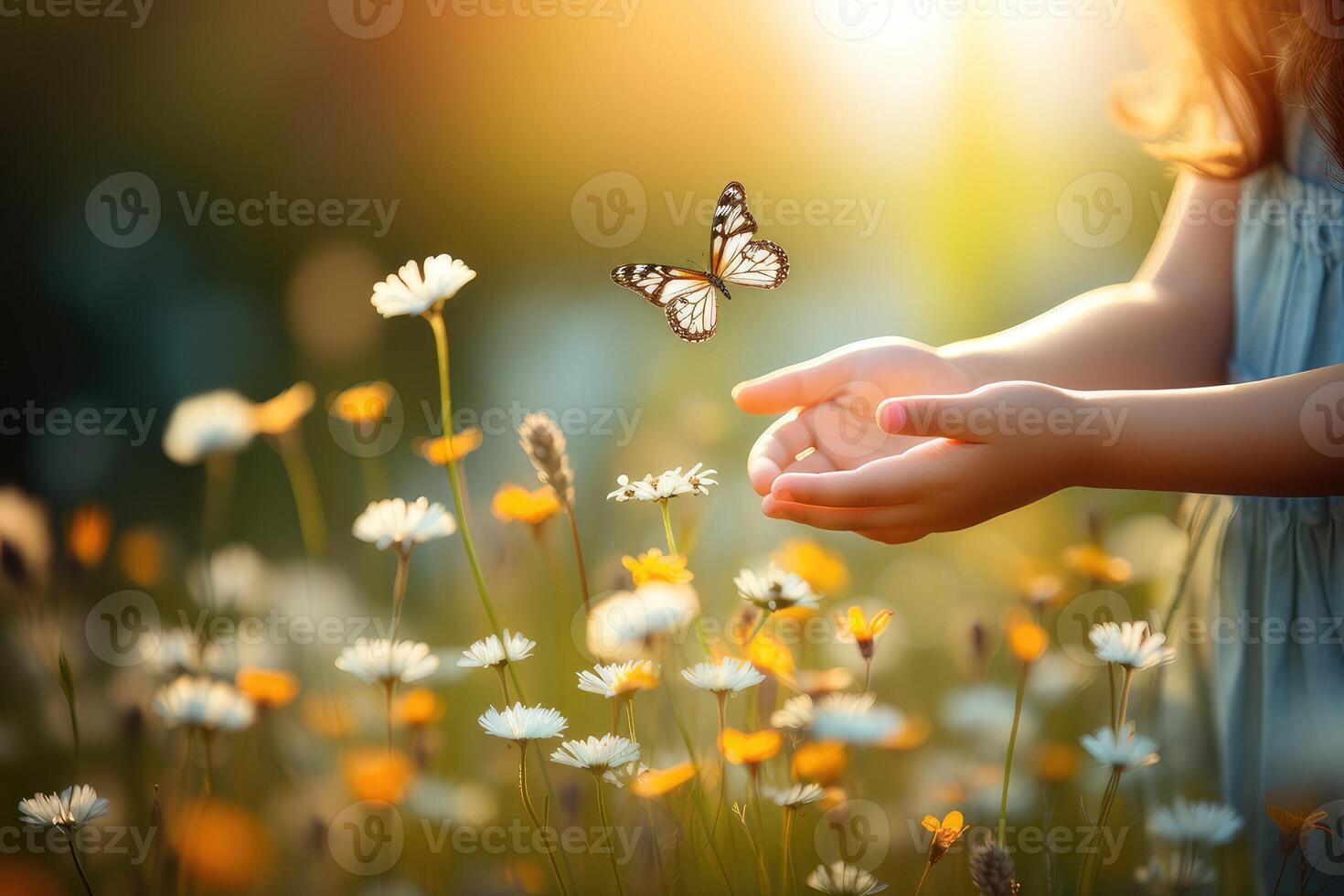 AI generated Summer spring floral background. A butterfly flutters on flowers. AI-generated content photo
